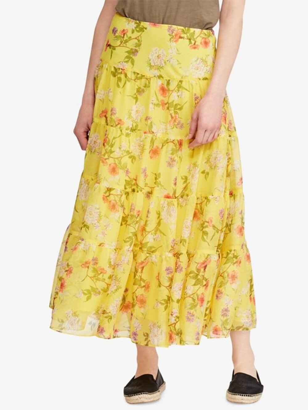 Lauren by Ralph Lauren Floral Georgette Yellow Tiered Maxi Skirt